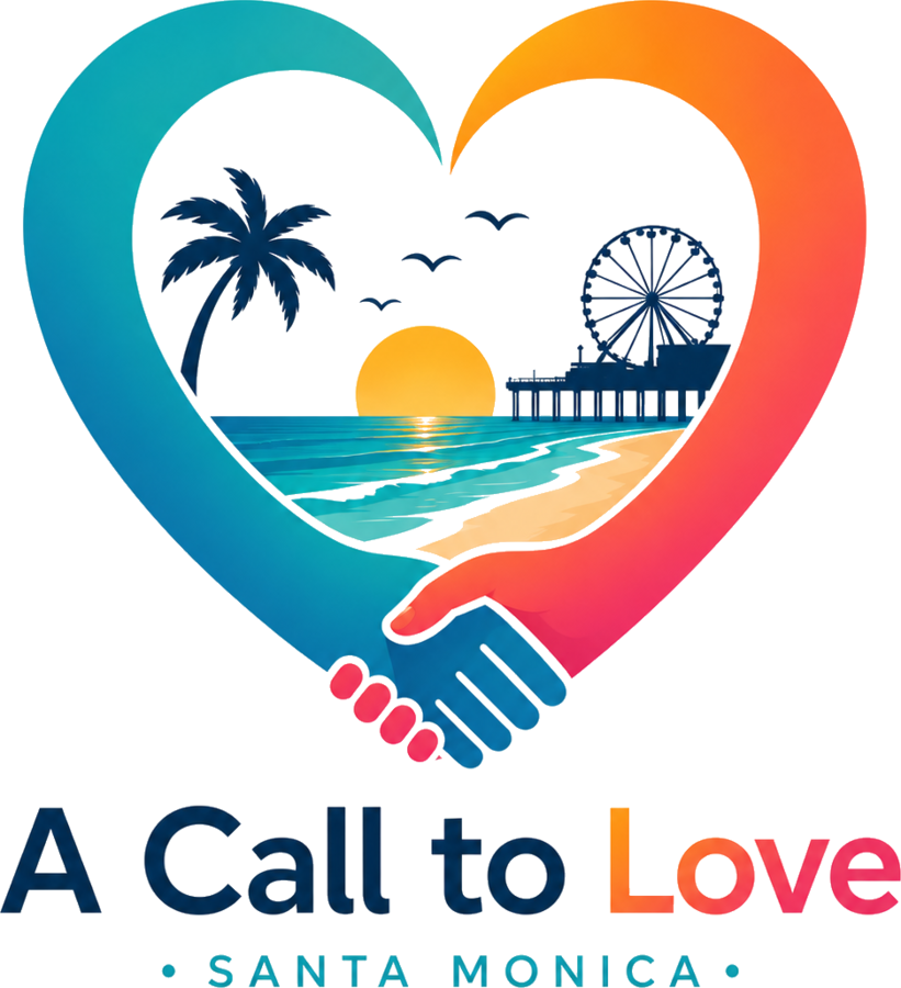A Call To Love — a heart holding the Santa Monica pier, palm, and sunset shoreline